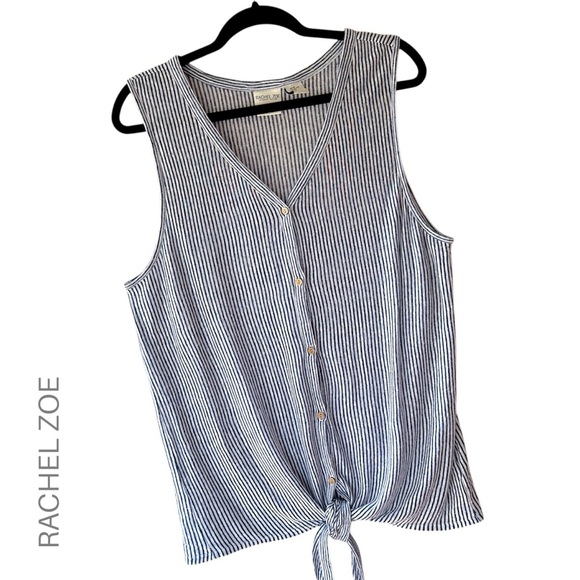 RACHEL ZOE | NWOT PURE LINEN TIE FRONT TOP BUTTON UP BLUE & WHITE STRIPE | XL - Picture 1 of 9